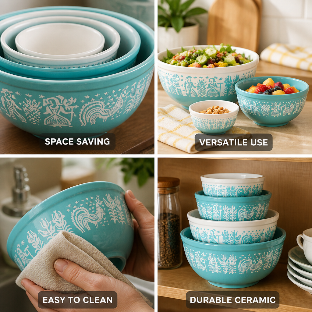 Nesting Bowl Set Glazed Ceramic Folk Bird & Floral Motif