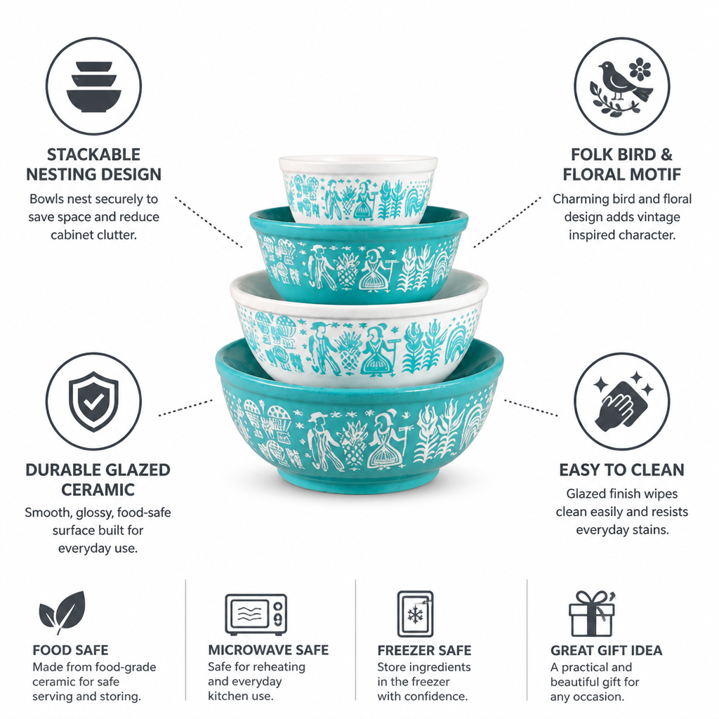 Nesting Bowl Set Glazed Ceramic Folk Bird & Floral Motif