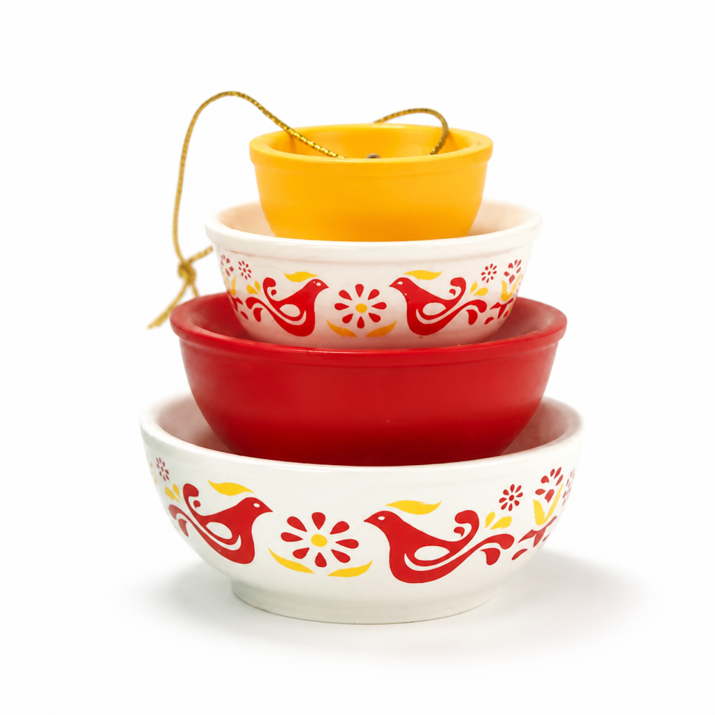 Nesting Bowl Set Glazed Ceramic Folk Bird & Floral Motif
