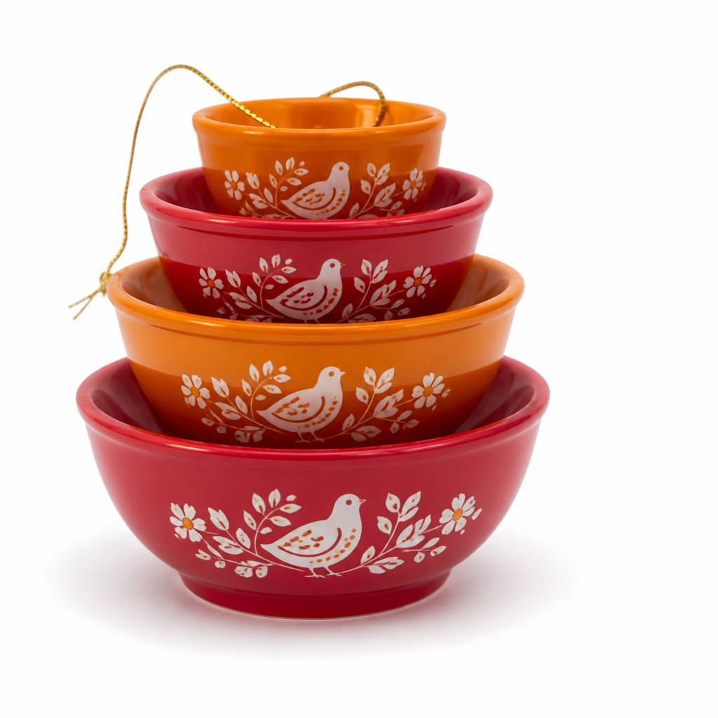 Nesting Bowl Set Glazed Ceramic Folk Bird & Floral Motif
