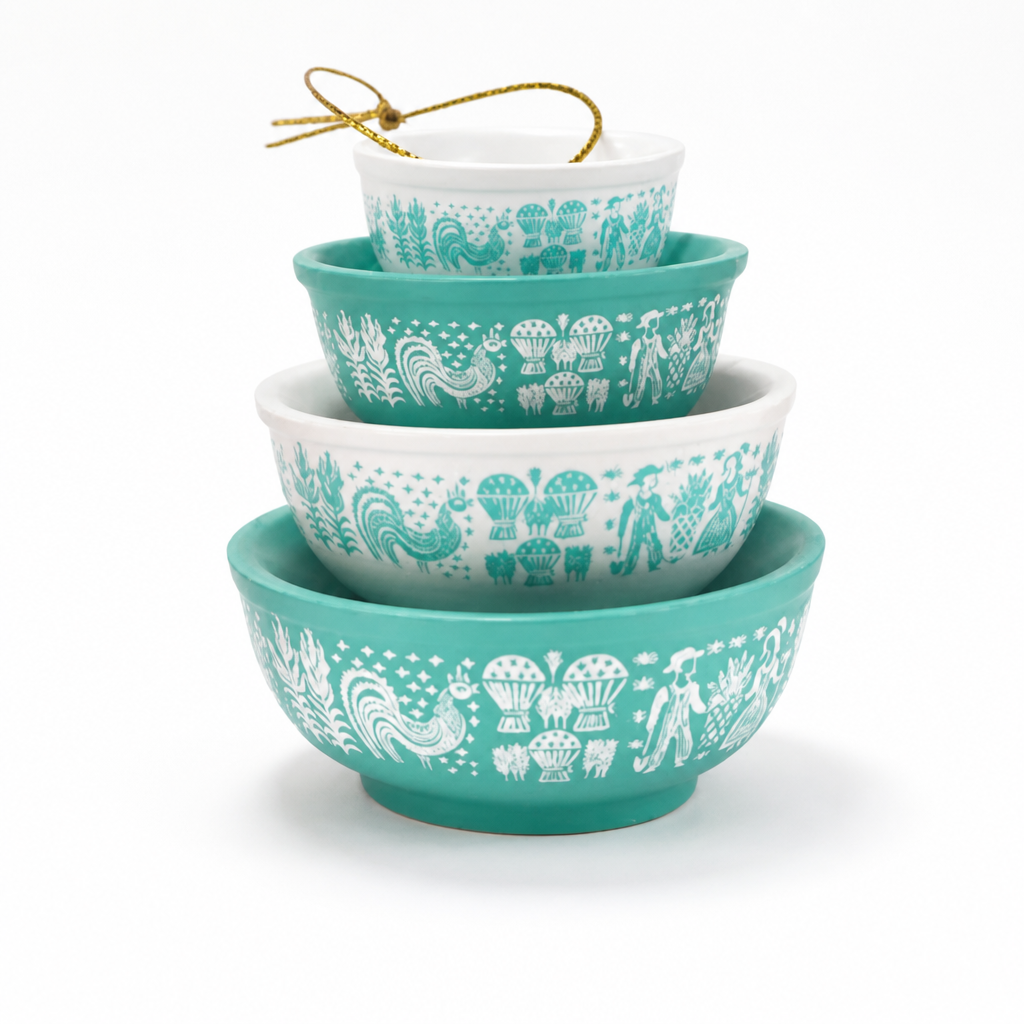 Nesting Bowl Set Glazed Ceramic Folk Bird & Floral Motif