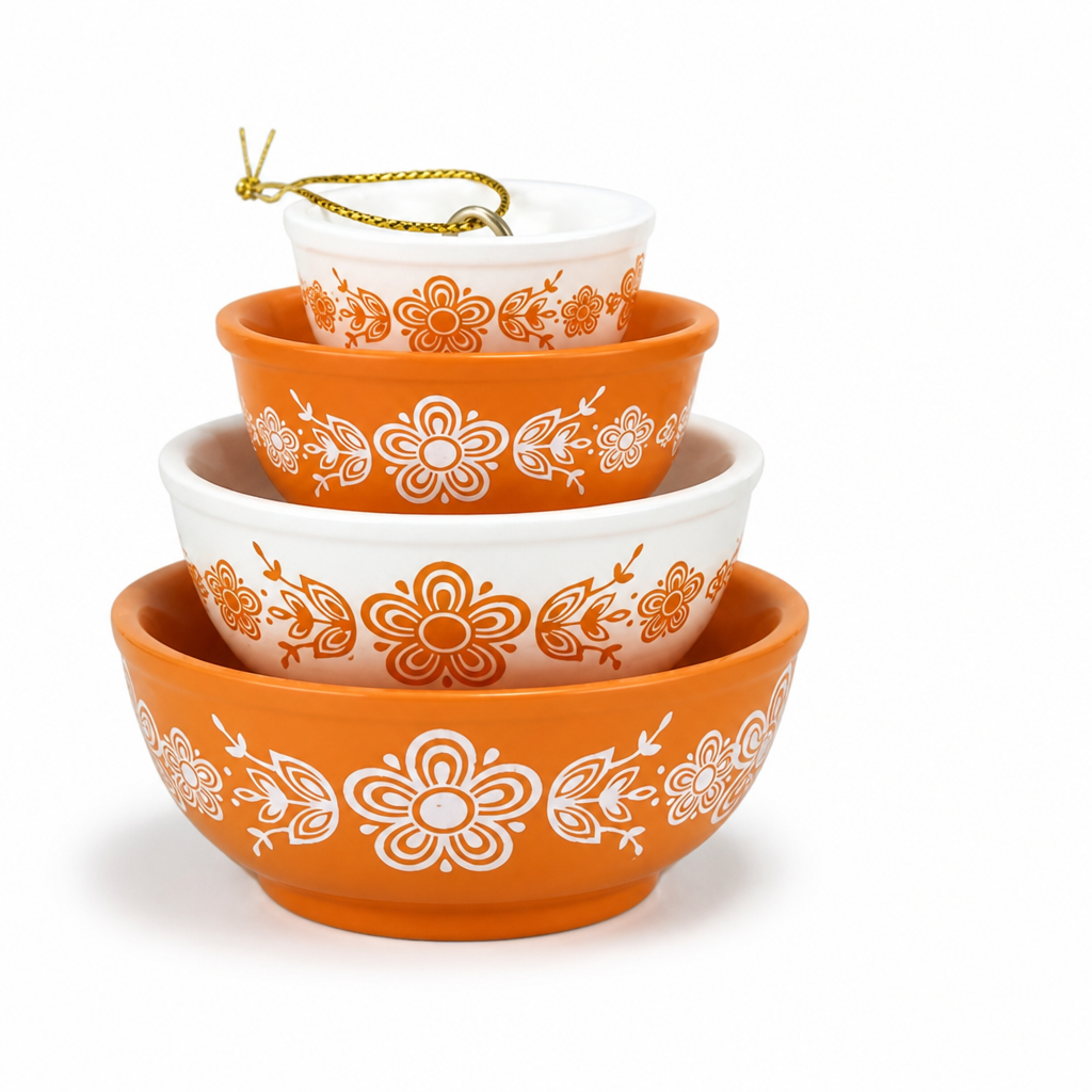 Nesting Bowl Set Glazed Ceramic Folk Bird & Floral Motif