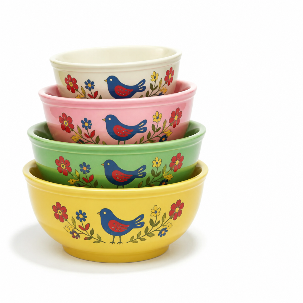 Nesting Bowl Set Glazed Ceramic Folk Bird & Floral Motif