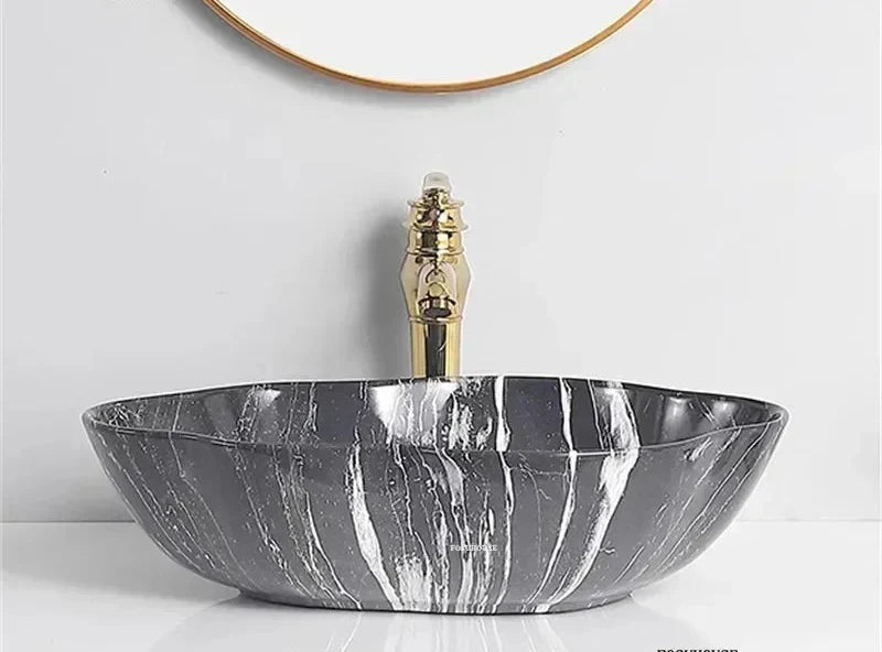 Oval Vessel Sink Marble-Pattern Ceramic Easy-Clean Glaze