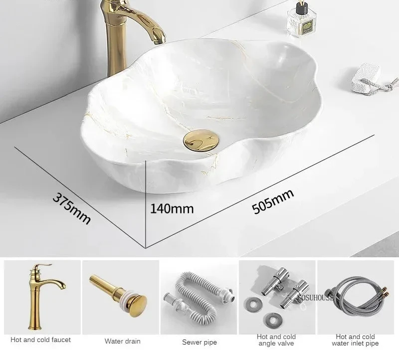 Oval Vessel Sink Marble-Pattern Ceramic Easy-Clean Glaze