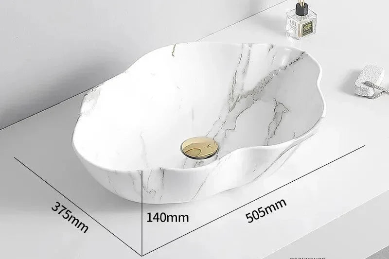 Oval Vessel Sink Marble-Pattern Ceramic Easy-Clean Glaze