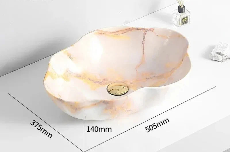 Oval Vessel Sink Marble-Pattern Ceramic Easy-Clean Glaze