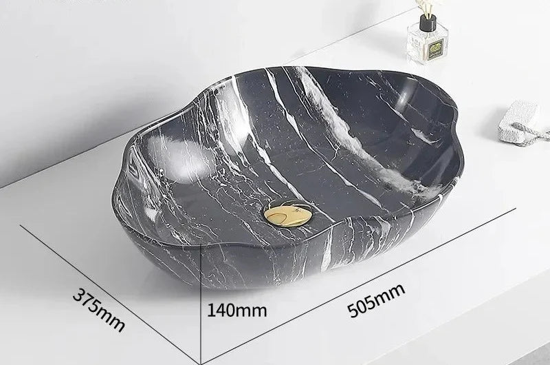 Oval Vessel Sink Marble-Pattern Ceramic Easy-Clean Glaze
