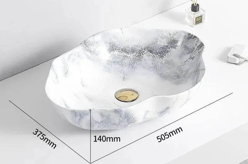 Oval Vessel Sink Marble-Pattern Ceramic Easy-Clean Glaze