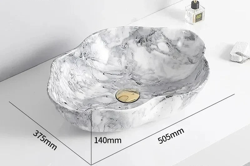 Oval Vessel Sink Marble-Pattern Ceramic Easy-Clean Glaze