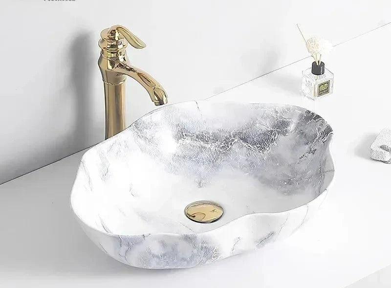 Oval Vessel Sink Marble-Pattern Ceramic Easy-Clean Glaze