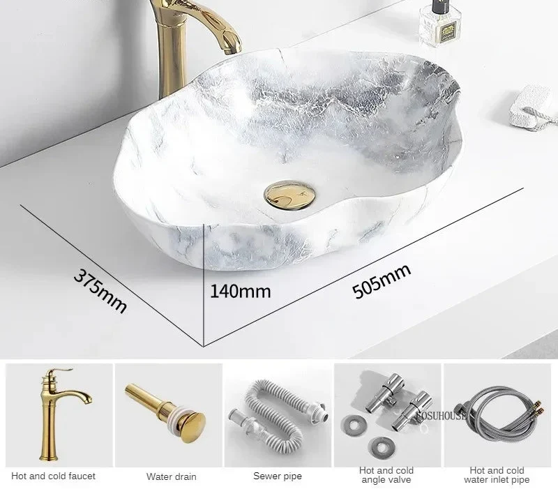 Oval Vessel Sink Marble-Pattern Ceramic Easy-Clean Glaze
