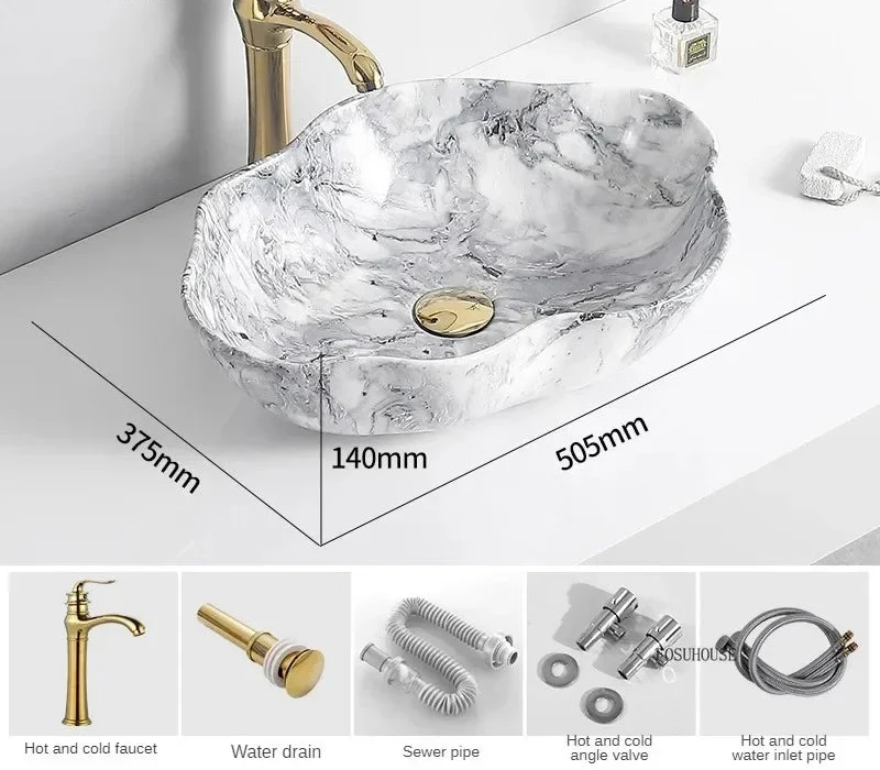 Oval Vessel Sink Marble-Pattern Ceramic Easy-Clean Glaze