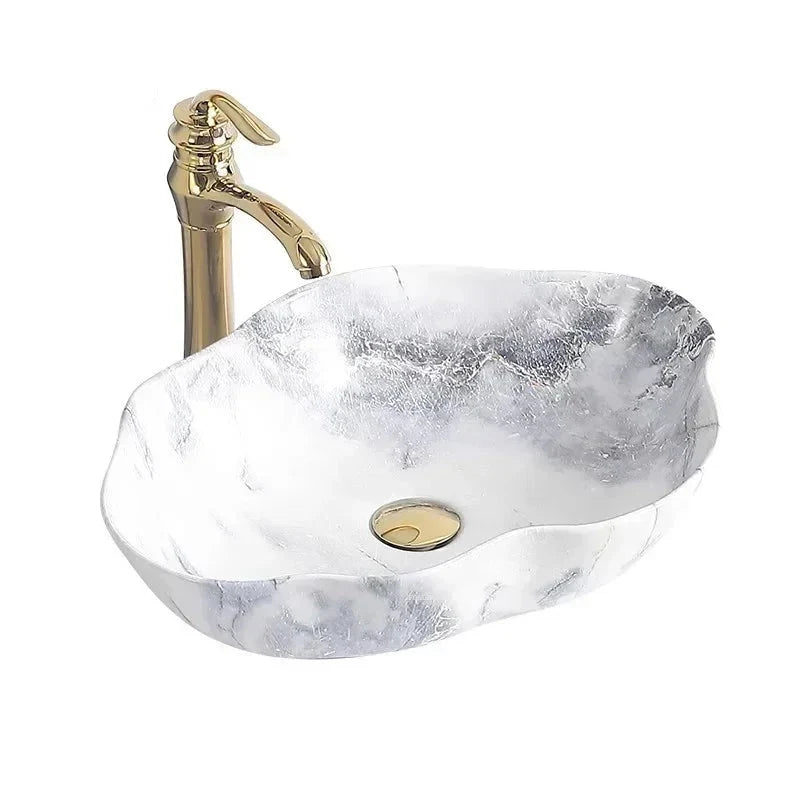 Oval Vessel Sink Marble-Pattern Ceramic Easy-Clean Glaze