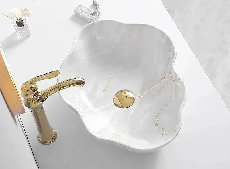 Oval Vessel Sink Marble-Pattern Ceramic Easy-Clean Glaze