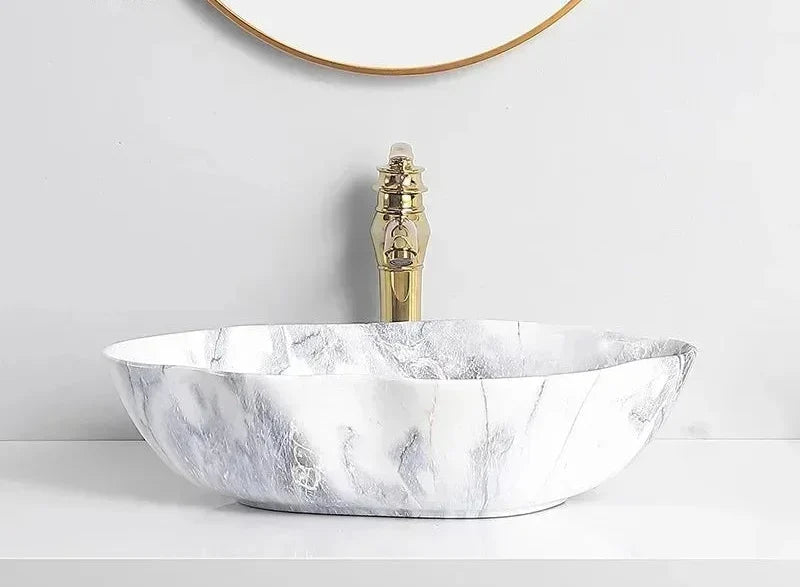 Oval Vessel Sink Marble-Pattern Ceramic Easy-Clean Glaze