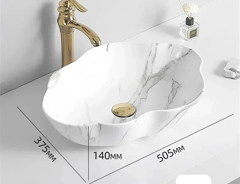 Oval Vessel Sink Marble-Pattern Ceramic Easy-Clean Glaze