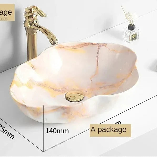 Oval Vessel Sink Marble-Pattern Ceramic Easy-Clean Glaze