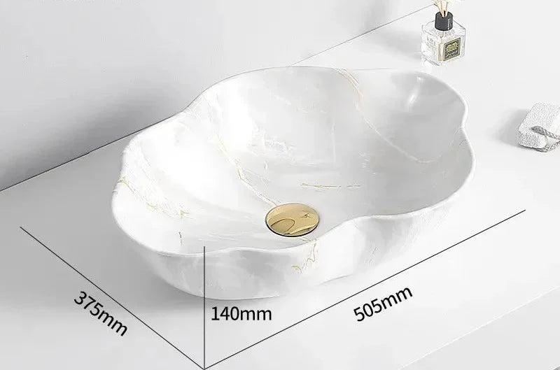 Oval Vessel Sink Marble-Pattern Ceramic Easy-Clean Glaze