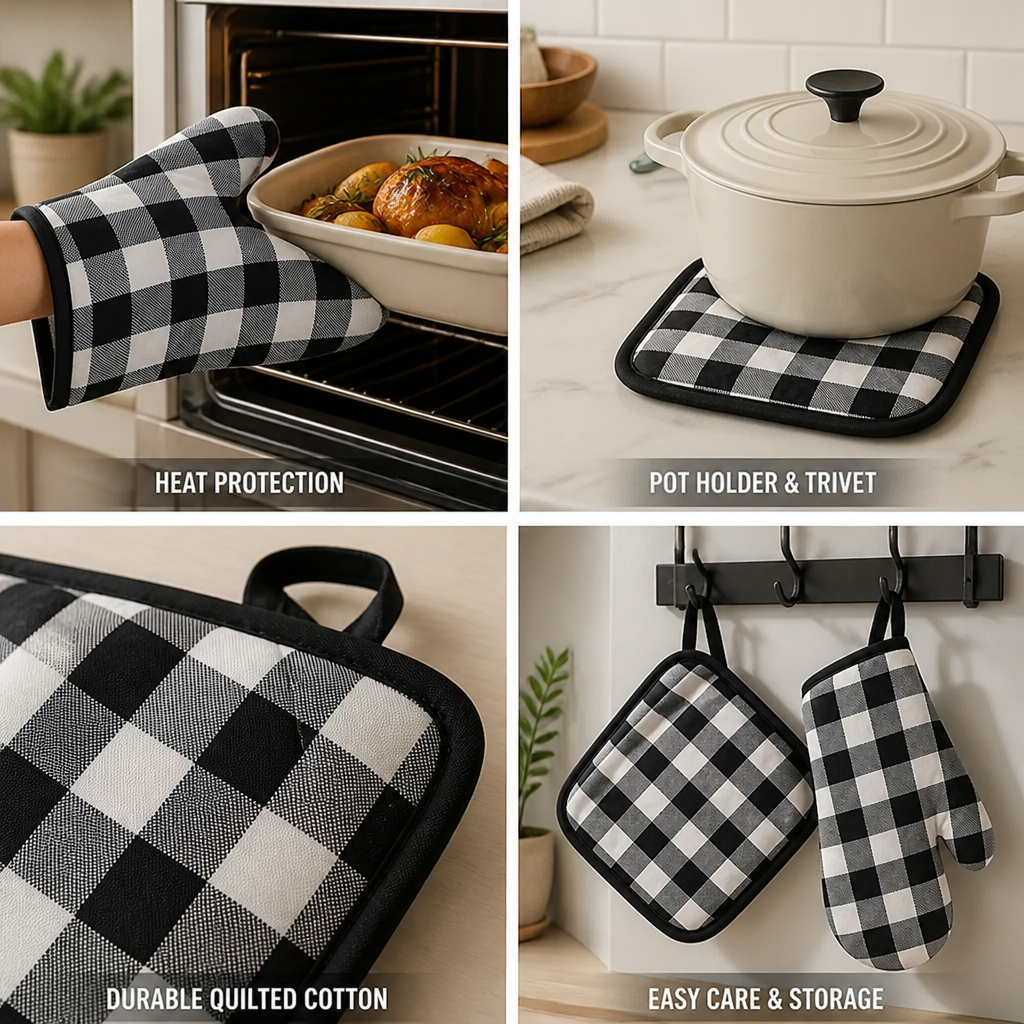 Oven Mitt & Pot Holder Quilted Cotton Heat-Resistant