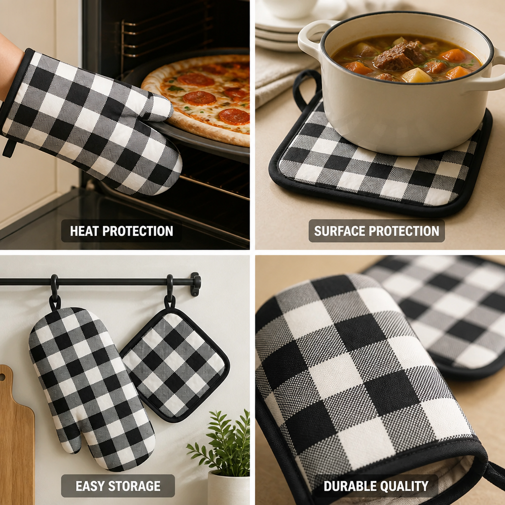 Oven Mitt & Pot Holder Quilted Cotton Heat-Resistant