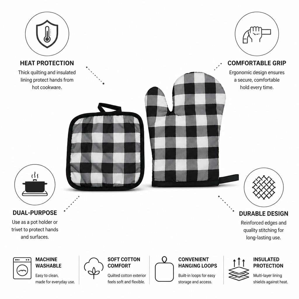 Oven Mitt & Pot Holder Quilted Cotton Heat-Resistant