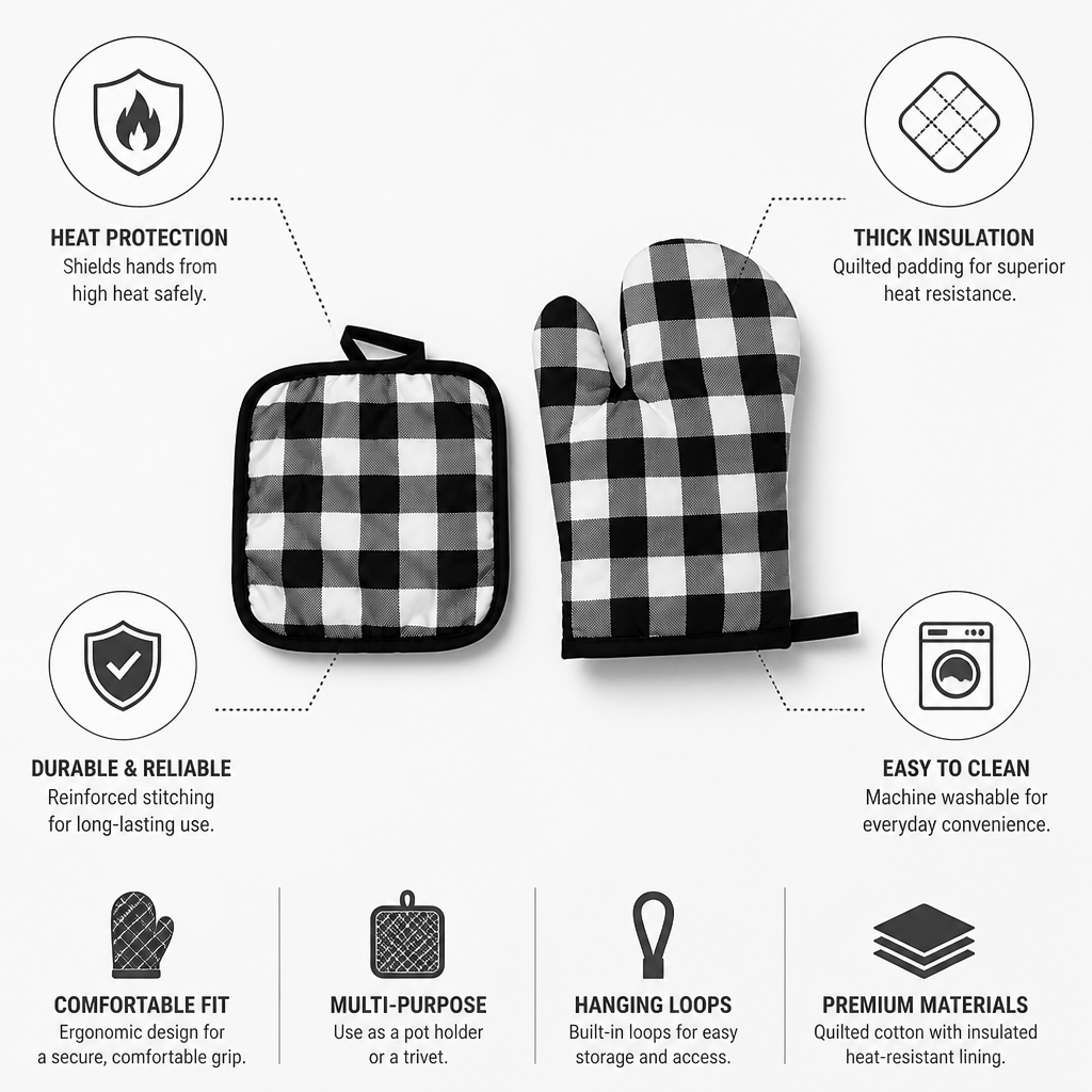 Oven Mitt & Pot Holder Quilted Cotton Heat-Resistant