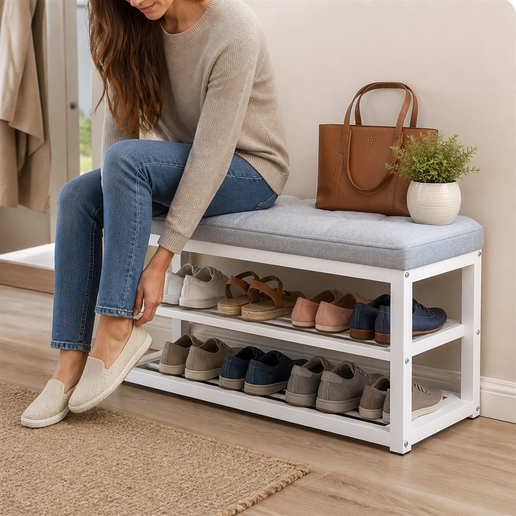 Padded Seat Entryway Bench With Open Shelf Storage