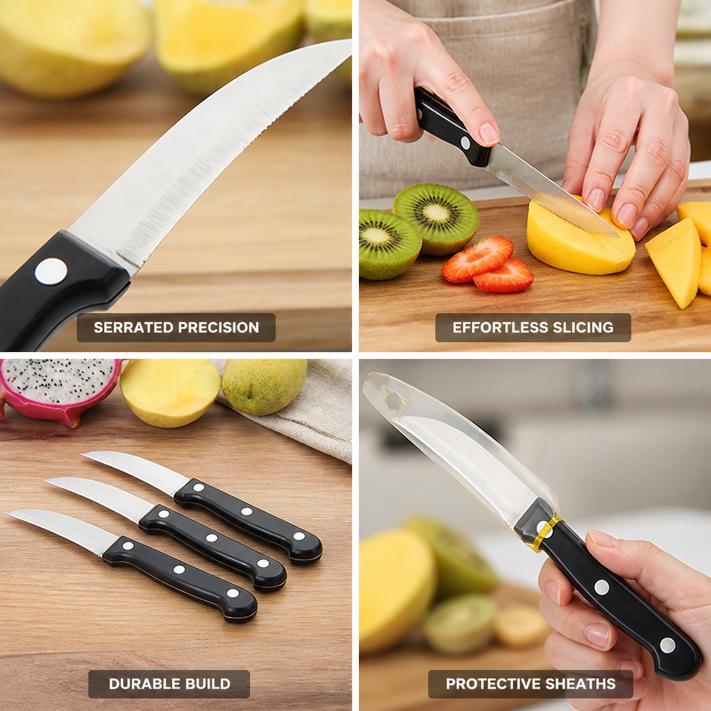 Paring Knife Set Serrated Stainless Steel Protective Sleeves