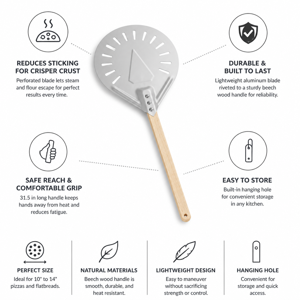 Pizza Peel Perforated Aluminum Blade Long Beech Handle