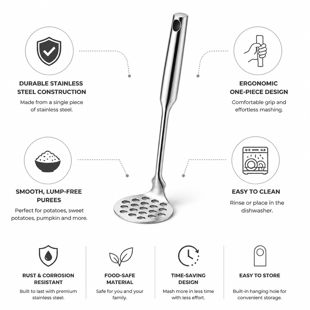 Potato Masher One-Piece Stainless Steel Ergonomic Handle