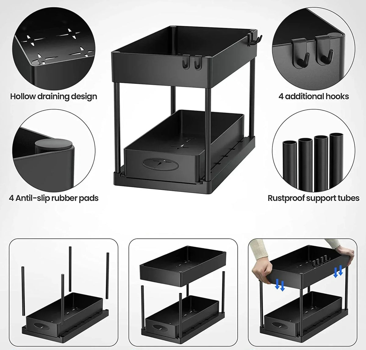 Pull-Out Cabinet Organizer 2-Tier Tool-Free