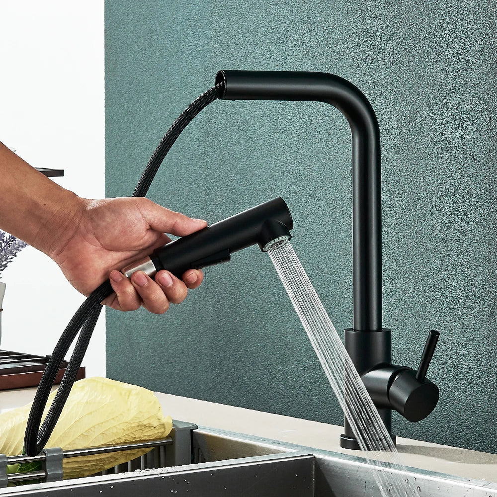 Pull-Out Kitchen Faucet Matte-Black 360° Swivel & Dual Spray