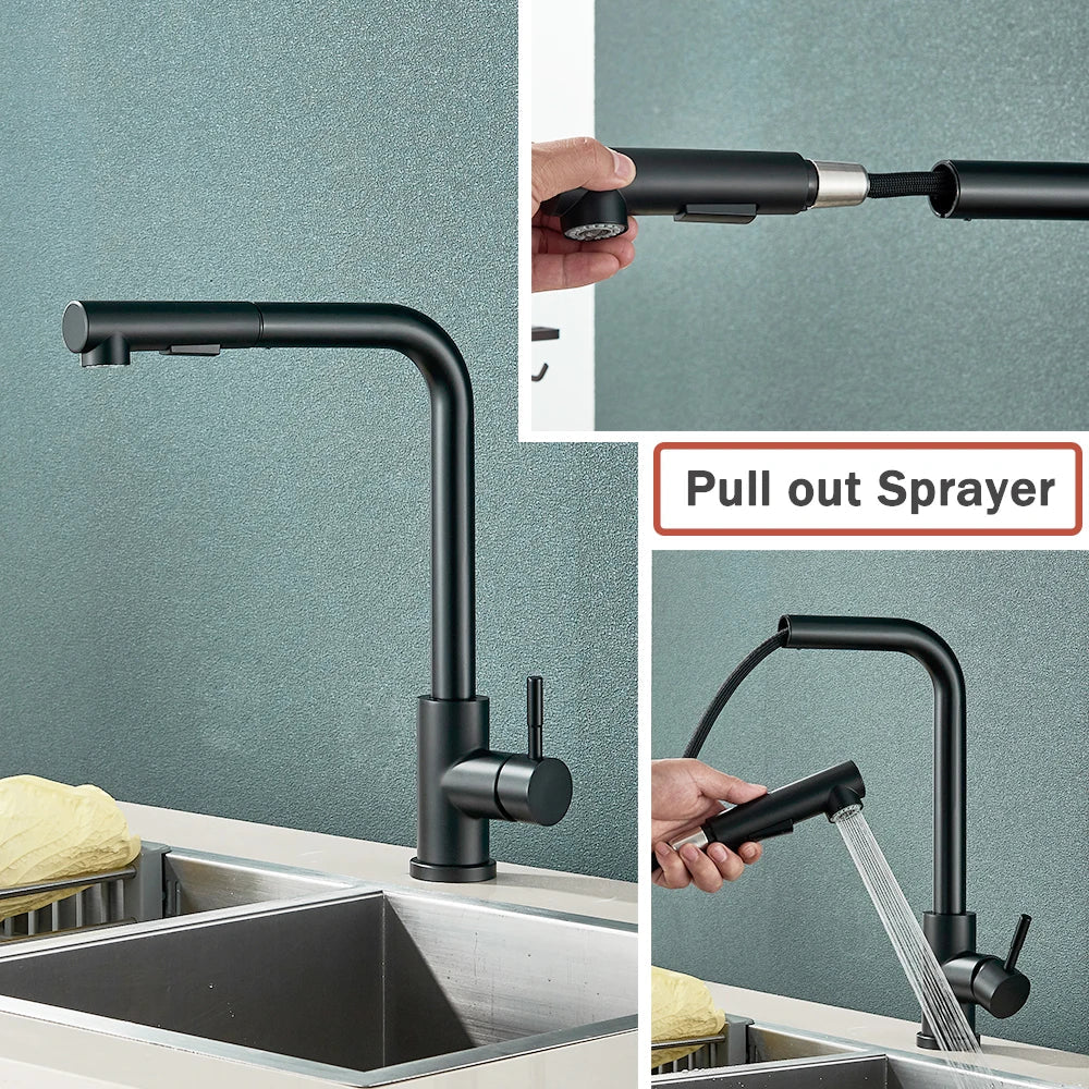Pull-Out Kitchen Faucet Matte-Black 360° Swivel & Dual Spray