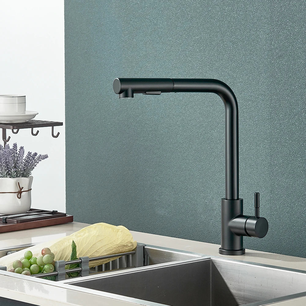 Pull-Out Kitchen Faucet Matte-Black 360° Swivel & Dual Spray