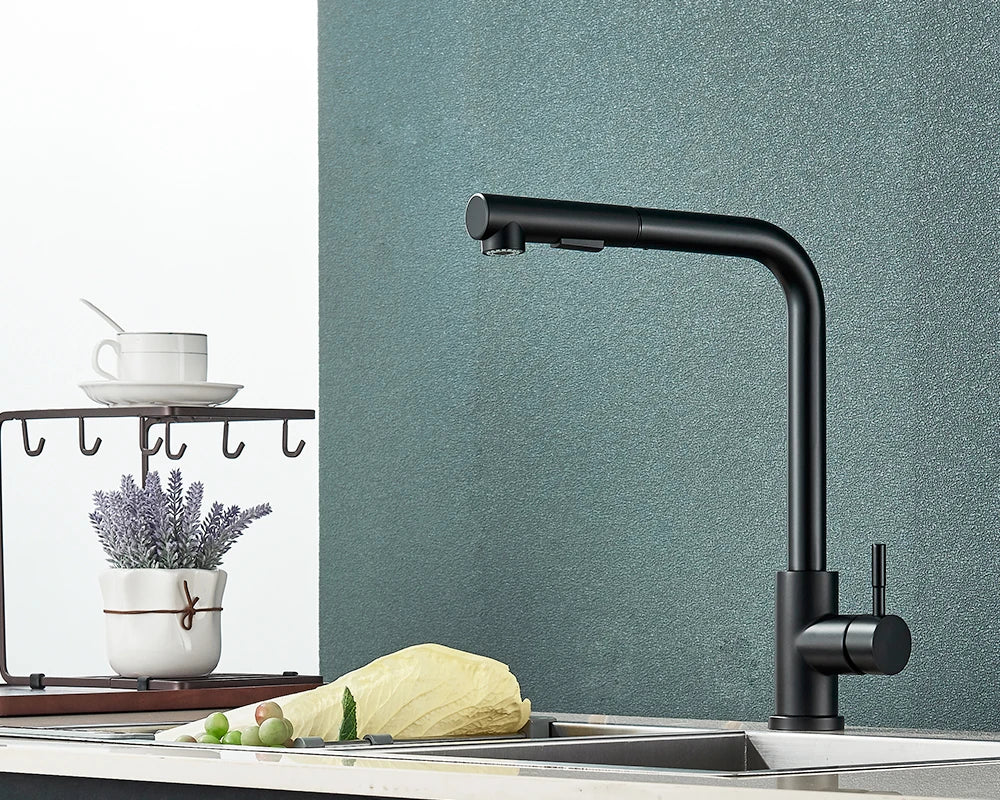 Pull-Out Kitchen Faucet Matte-Black 360° Swivel & Dual Spray