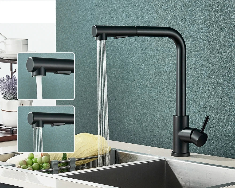Pull-Out Kitchen Faucet Matte-Black 360° Swivel & Dual Spray