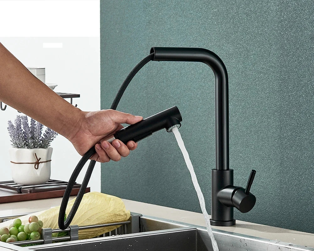 Pull-Out Kitchen Faucet Matte-Black 360° Swivel & Dual Spray