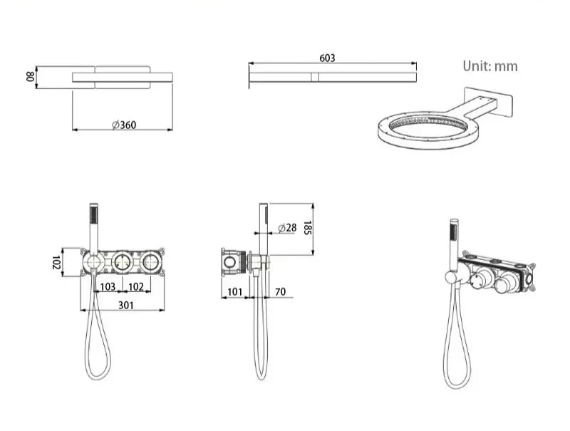 Rain Shower Faucet Set Solid Brass Wall-Mount Round Head