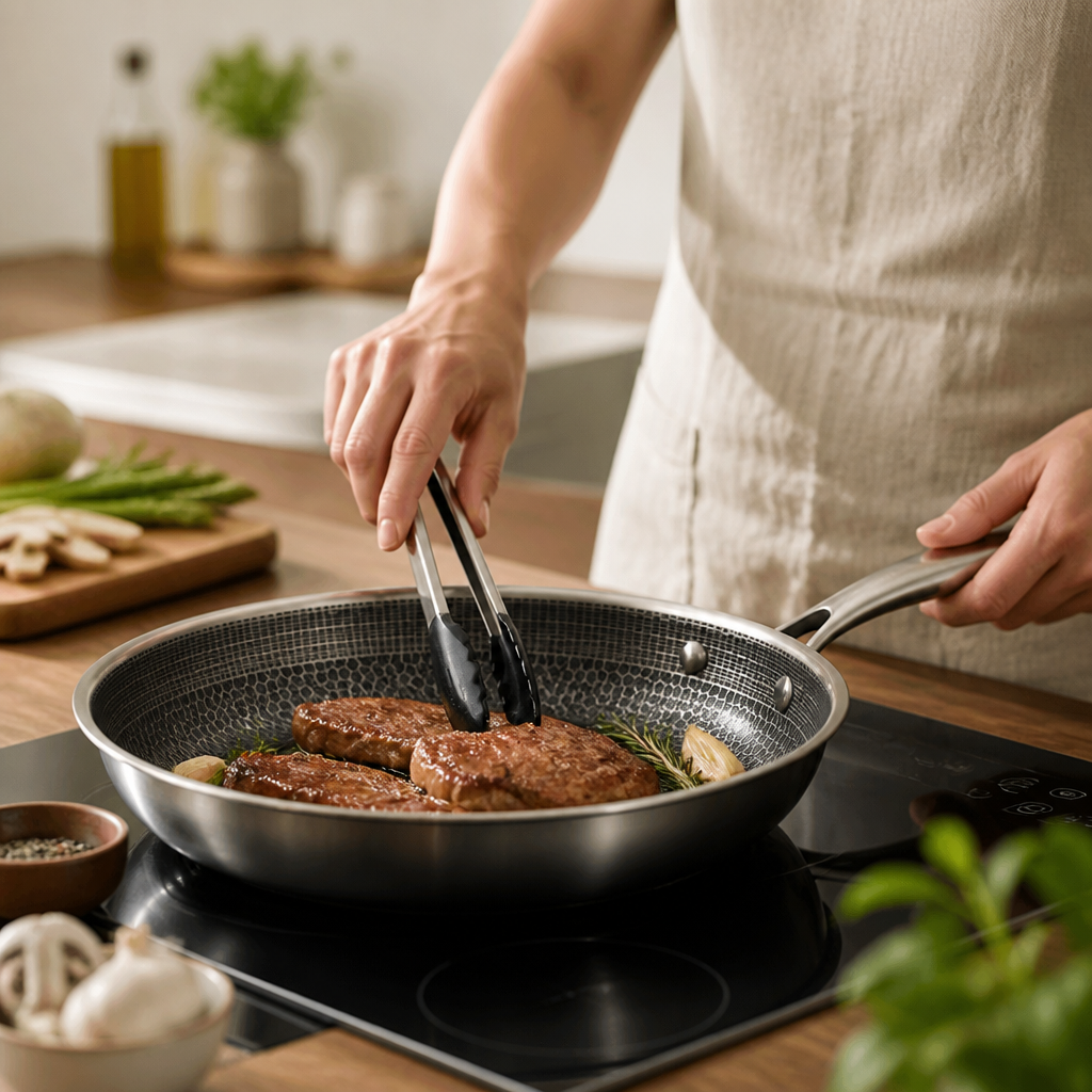 Scratch-Resistant Non-Stick Honeycomb Surface Induction-Compatible Stainless Steel Frypan