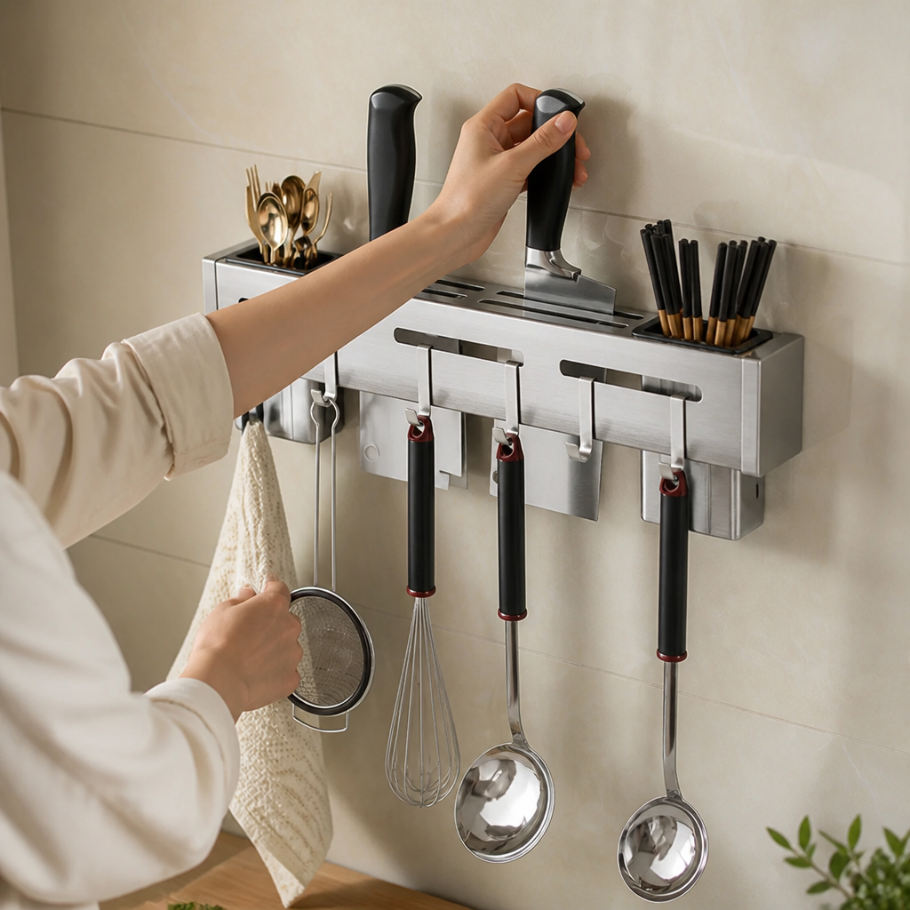 Self-Adhesive Stainless Steel Wall-Mounted Hook Strip Kitchen Knife Holder