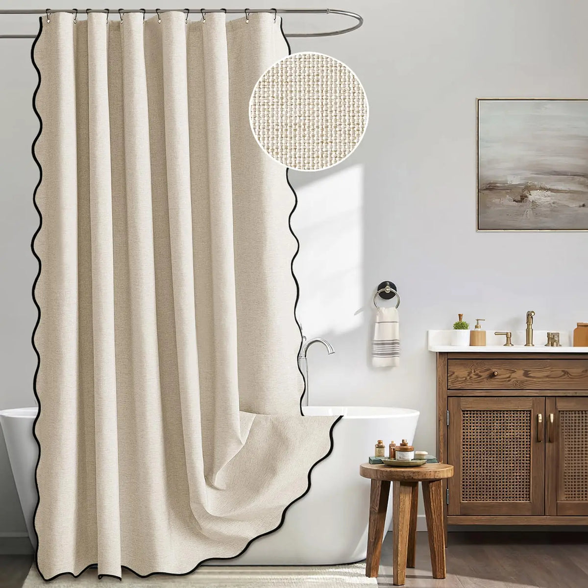 Shower Curtain Water-Repellent Polyester Scalloped Wave Edge