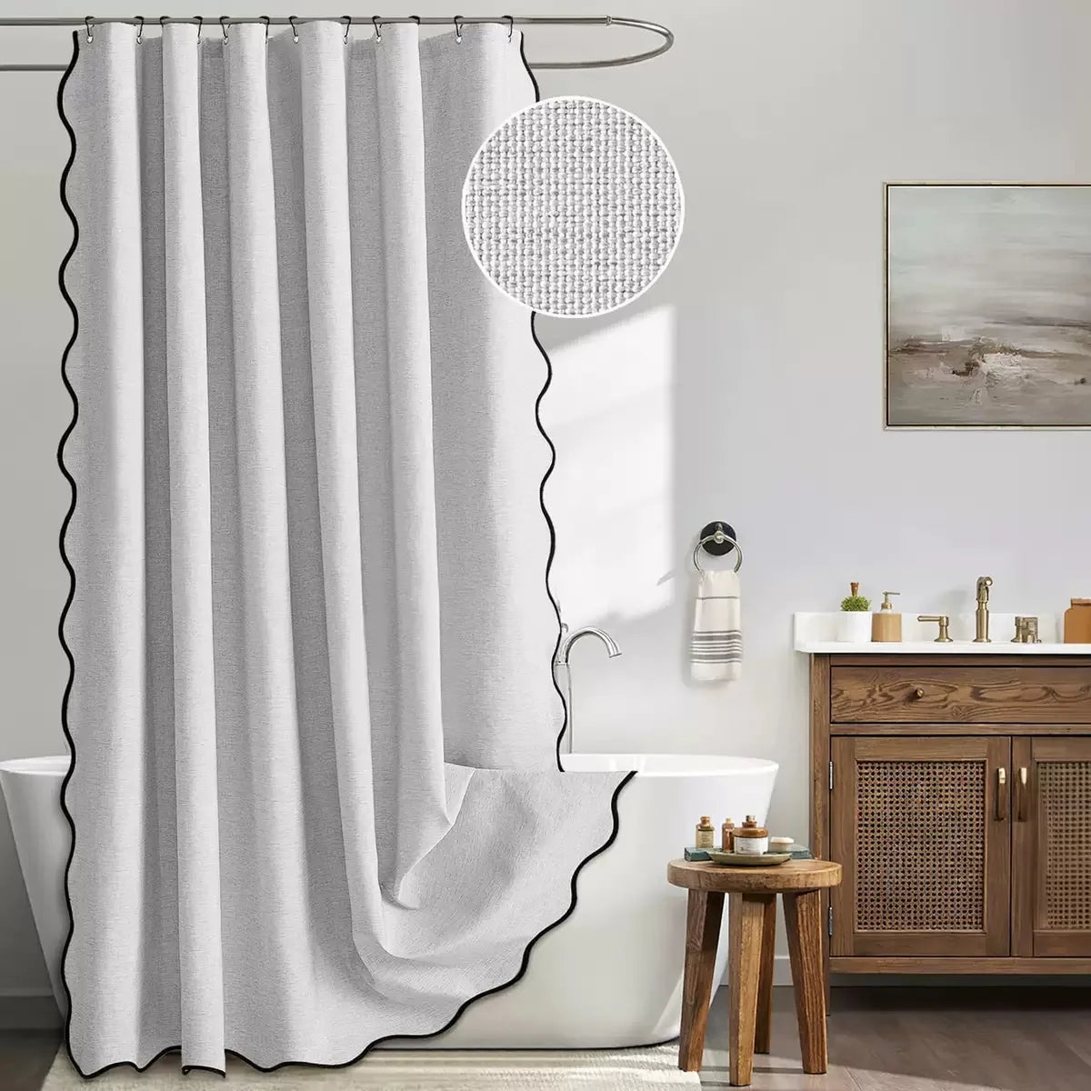 Shower Curtain Water-Repellent Polyester Scalloped Wave Edge