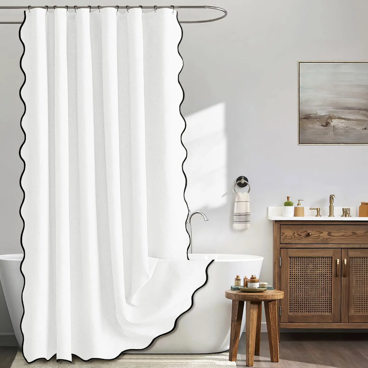 Shower Curtain Water-Repellent Polyester Scalloped Wave Edge