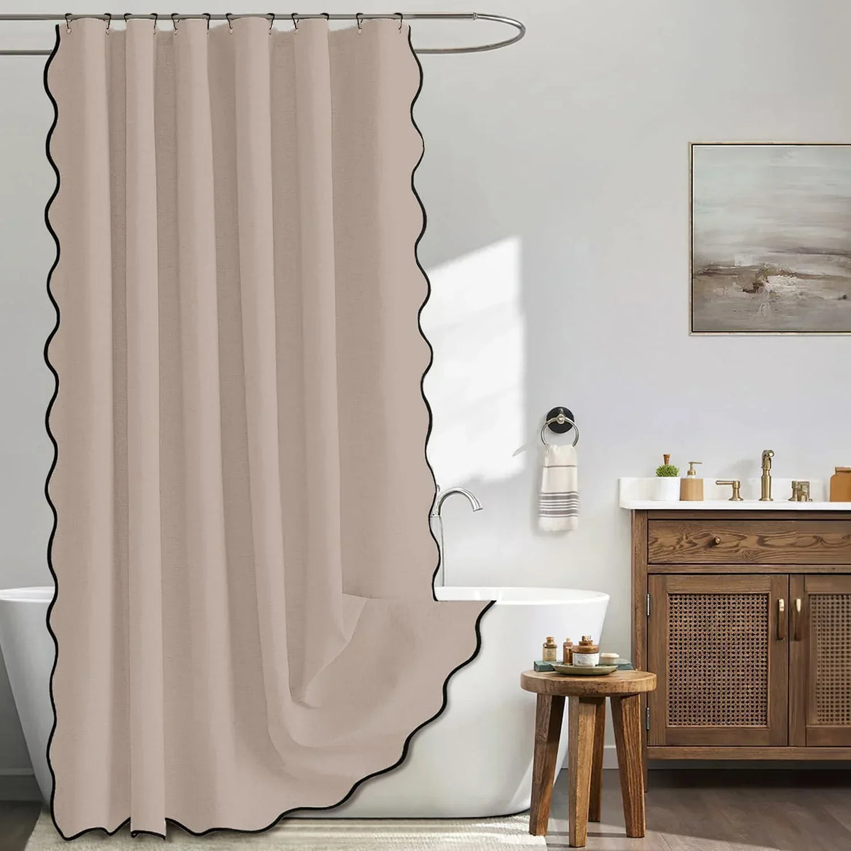 Shower Curtain Water-Repellent Polyester Scalloped Wave Edge