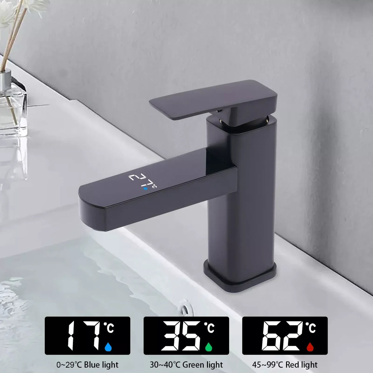 Single-Handle Faucet Matte Black LED Temp Display Ceramic Valve