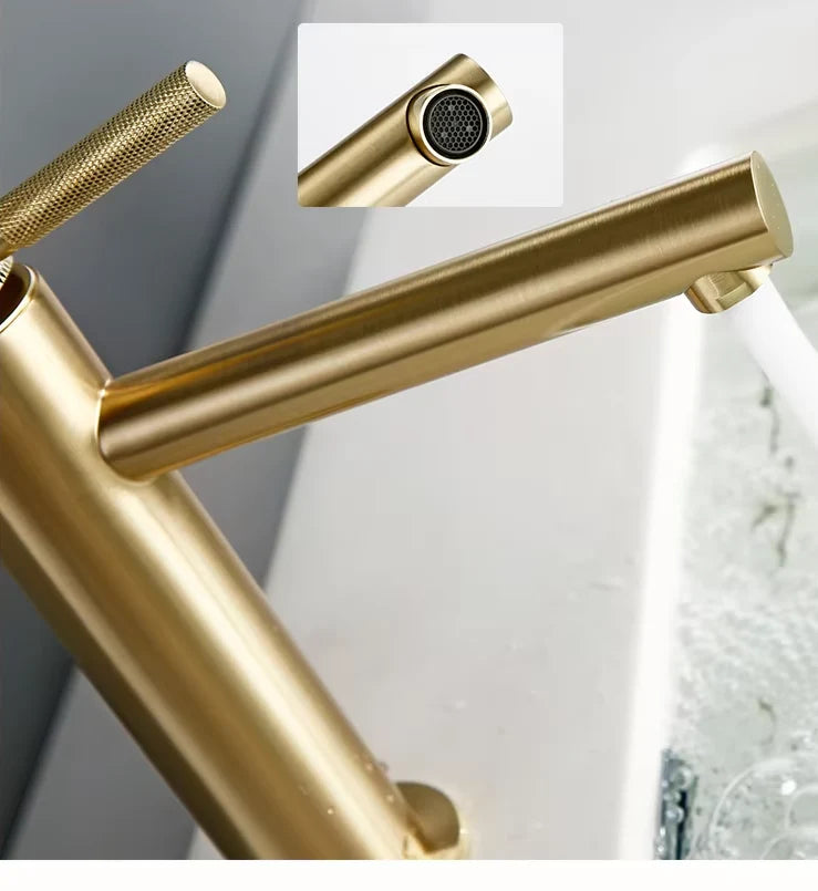 Single-Hole Bathroom Faucet Solid Brass Brushed Gold 360° Swivel