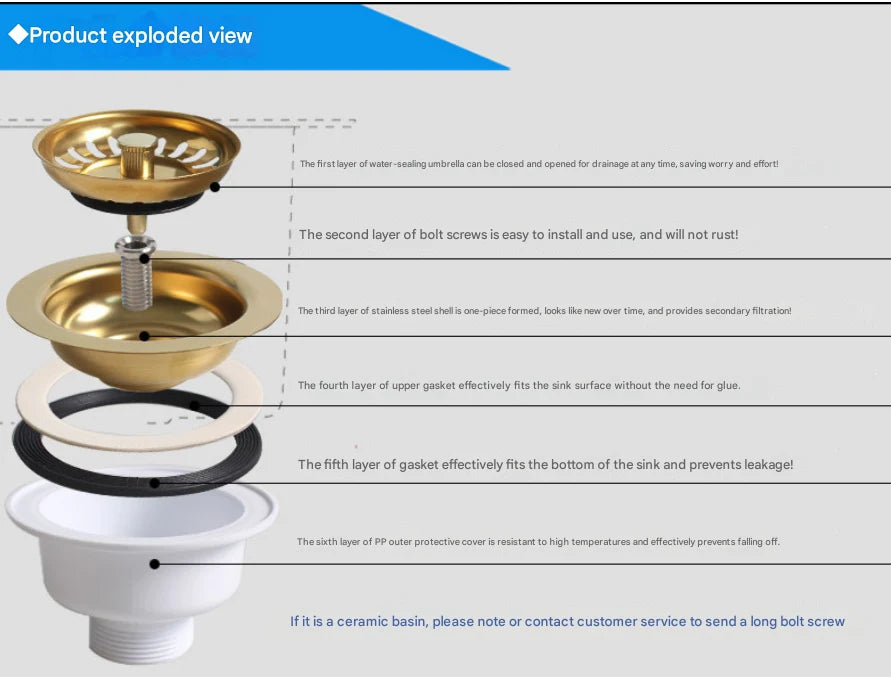 Sink Strainer & Stopper Stainless Steel Removable Basket