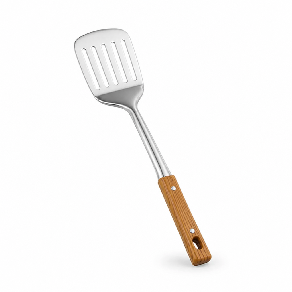 Slotted Turner Spatula Stainless Steel Head Ergonomic Wooden Handle