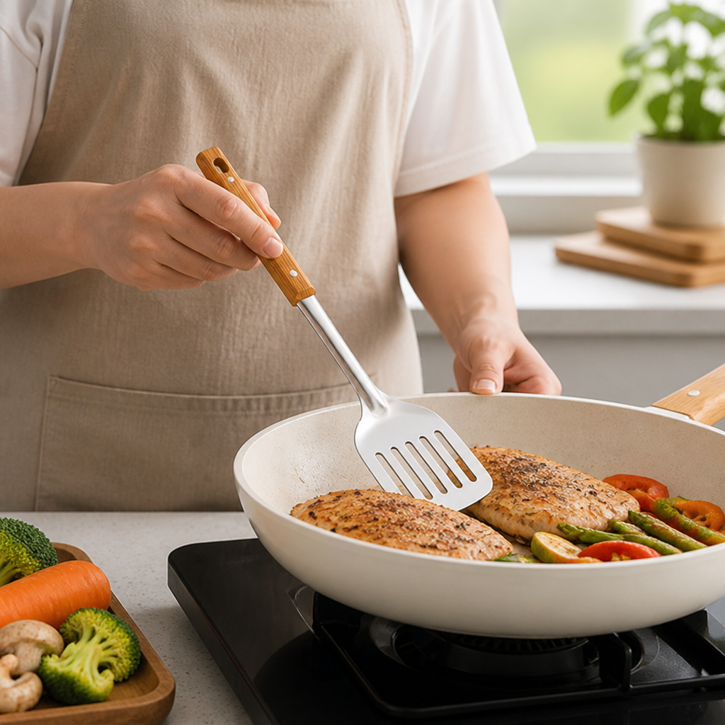 Slotted Turner Spatula Stainless Steel Head Ergonomic Wooden Handle